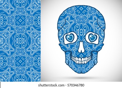 Day of The Dead Sugar Skull with doodle ornament and decorative seamless floral geometric line pattern. Hand drawn art background, tattoo, Halloween party card design, textile or paper print