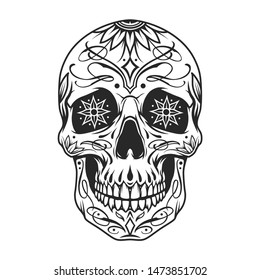 Day of the Dead sugar skull with floral ornament and flowers instead of eyes in vintage monochrome style isolated vector illustration