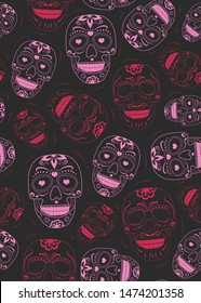 Day of the Dead sugar skull with floral ornament and flower seamless pattern on black background. halloween skull pattern background. vector illustration