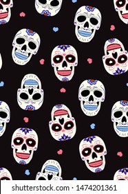 Day of the Dead sugar skull with floral ornament and flower seamless pattern on black background. halloween skull pattern background. vector illustration