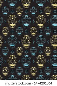 Day of the Dead sugar skull with floral ornament and flower seamless pattern on black background. halloween skull pattern background. vector illustration