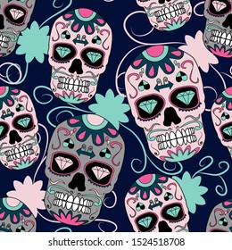 Day of the dead sugar skull with floral ornament in seamless pattern. colorful.