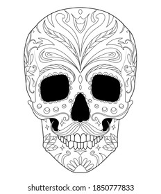 Day of the Dead sugar skull with floral ornament. Vintage monochrome style isolated illustration. Mexican tradition. Adult coloring book page