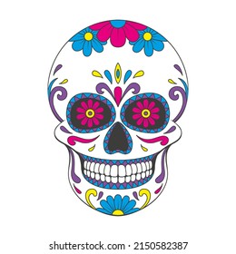 El Día del Cráneo del Azúcar Muerto con adorno floral. Calavera mexicana. Ilustración del vector aislada en fondo blanco