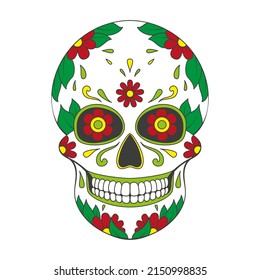 Day of The Dead sugar Skull with floral ornament. Mexican skull. Vector illustration isolated on white background