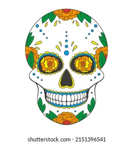 Day of The Dead sugar Skull with floral ornament. Mexican skull. Vector illustration isolated on white background