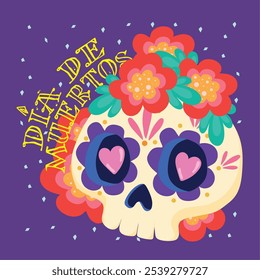 Day of the Dead sugar skull with floral decorations and colorful designs, Vector illustration