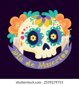 Day of the Dead sugar skull with floral decorations and colorful designs, Vector illustration