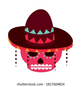 day of the dead, sugar skull flowers and hat decoration, mexican celebration icon flat style vector illustration