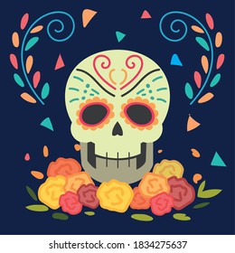 day of the dead, sugar skull flowers floral decoration mexican celebration vector illustration