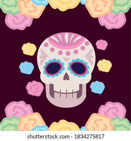 day of the dead, sugar skull flowers ornament mexican celebration vector illustration