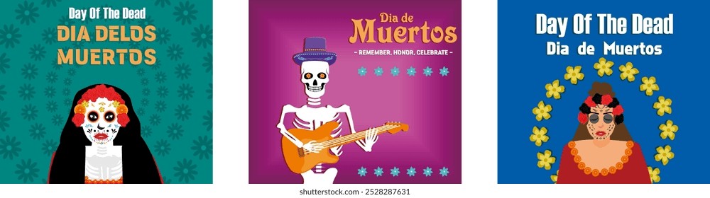 Día de los muertos, calavera de azúcar con guirnalda. Día de los muertos, lindo esqueleto tocando la guitarra. Mujer joven con un cráneo pintado en su cara. Conjunto de ilustración moderna de Vector plano