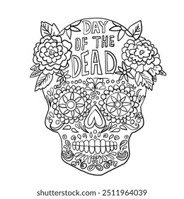 Día de los Muertos calavera de Vector dibujado a mano libro para colorear.