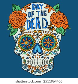 Ilustración vectorial dibujada a mano del cráneo de azúcar del Día de los Muertos.