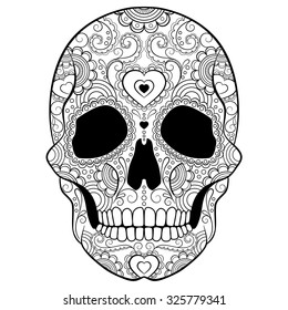 Day The Dead Sugar Skull and heart   doodles ornament  Black   white vector illustration  Tattoo sketch  