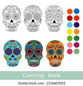 Day of the dead sugar skull isolated. Dia de los muertos. Coloring book page. Day of the dead and  mexican Halloween. Mexican tradition  festival.  Dia de los Muertos tattoo skulls set.