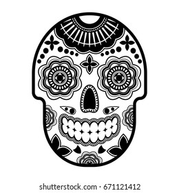 Day of the dead sugar skull with ornament. Thick outline. Vector illustration.