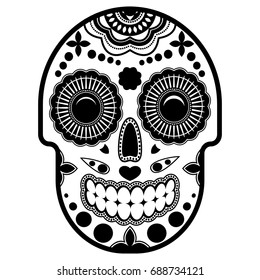 Day of the dead sugar skull with ornament. Bright ornament. Isolated white background. Thick outline. Vector illustration.