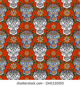 Day of the dead sugar skull pattern seamless on red background.