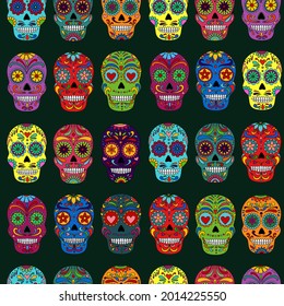 Day of the dead sugar skull pattern. Dia de los muertos print..Day of the dead and  mexican Halloween. Mexican tradition  festival.  Dia de los Muertos tattoo skulls on black background.