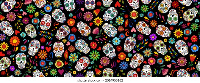 Day of the dead sugar skull pattern. Dia de los muertos print. Day of the dead and  mexican Halloween border. Mexican tradition  festival.  Dia de los Muertos tattoo skulls on black background. 