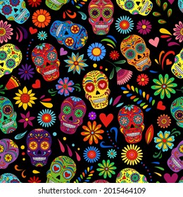 Day of the dead sugar skull pattern. Dia de los muertos print. Day of the dead and  mexican Halloween. Mexican tradition  festival texture. Dia de los Muertos tattoo skulls on black background.
