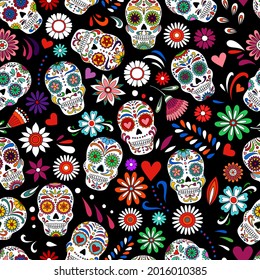 Day of the dead sugar skull pattern. Dia de los muertos print. Day of the dead and  mexican Halloween. Mexican tradition  festival texture. Dia de los Muertos tattoo skulls on black background.