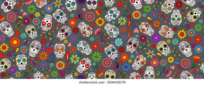 Day of the dead sugar skull pattern. Dia de los muertos print. Day of the dead and mexican Halloween. Mexican tradition  festival texture. Dia de los Muertos tattoo skulls on black background.