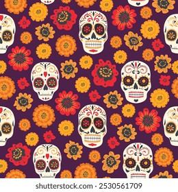 Día del patrón de cráneo de azúcar muerto. Impresión del día de los muertos. Festival de tradición mexicana.