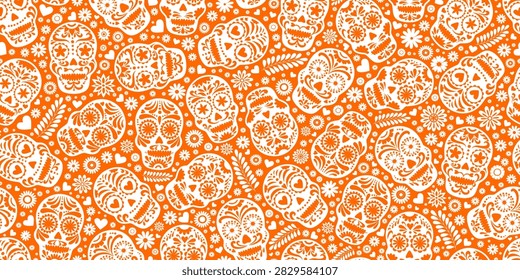 Day of the dead sugar skull pattern. Dia de los muertos print. Day of the dead and  mexican Halloween border. Mexican tradition  festival.  Dia de los Muertos tattoo skulls paper cut style. 