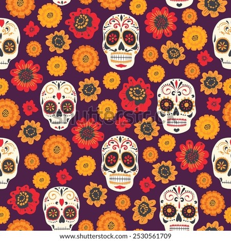 Day of the dead sugar skull pattern. Dia de los muertos print. Mexican tradition festival.