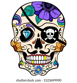 Day of the dead. Sugar skull with a pirate's armband and a floral ornament. Vector illustration.