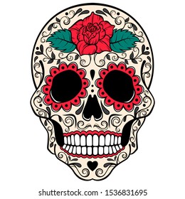 Day of the dead. Sugar skull with roses and ornament. Vector illustration.