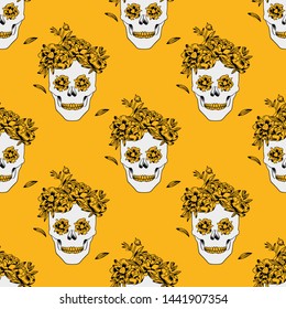 Day of the Dead Sugar Skull seamless pattern in bright palette. Hand drawn vector illustration for fabric, paper, wrapping, packaging, wallpaper, poster, cover, interior decor, all over print.