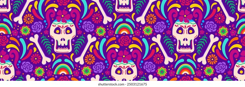 Day of dead sugar skull seamless pattern. Dia de los muertos festive background. Mexican tradition festival. Vector illustration for fabric, wrapping paper, textile and wallpaper. Floral ornament.