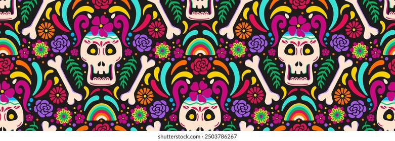 Tag des toten Zucker Schädel nahtlose Muster. Dia de los muertos festlicher Hintergrund. Mexikanisches Traditionsfestival. Vektorgrafik für Stoff, Umhüllungspapier, Textil und Tapete. Blumenornament.