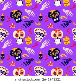 Day of the dead sugar skull  seamless pattern. Dia de los muertos bright print on purple background. Mexican tradition festival. 
