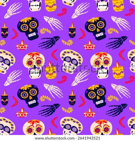 Day of the dead sugar skull  seamless pattern. Dia de los muertos bright print on purple background. Mexican tradition festival. 
