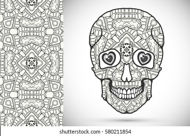 Day of The Dead Sugar Skull with sketch ornament and hand drawn seamless pattern. Isolated element for tattoo, Halloween party card, textile or paper print. Zen doodle art for coloring book page