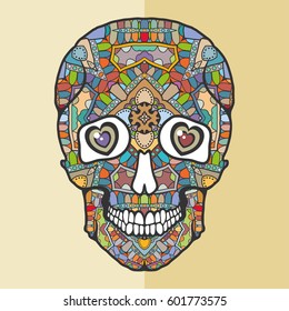 Day of The Dead Sugar Skull with sketch ornament. Isolated element for tattoo, Halloween party card, textle or paper print. Hand drawn multicolored doodle art.