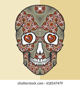 Day of The Dead Sugar Skull with sketch ornament. Isolated element for tattoo, Halloween party card, textile or paper print. Hand drawn multicolored doodle art.