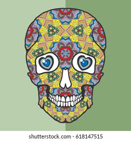 Day of The Dead Sugar Skull with sketch ornament. Isolated element for tattoo, Halloween party card, textile or paper print. Hand drawn multicolored doodle art.