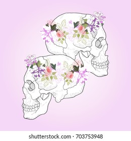Day of the Dead Sugar Skull. Skulls with flowers isolated on a pink gradient background.