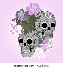 Day of the Dead Sugar Skull. Skulls with flowers isolated on a pink gradient background. Day of the dead, Dia de los muertos, sugar skull, marigold flowers .