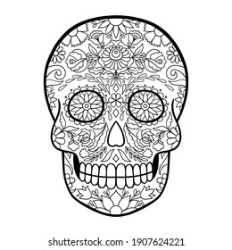 Day of The Dead sugar skull tattoo. black and white sugar skull. Coloring page
