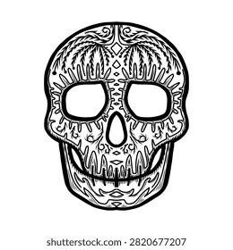 Day of the Dead sugar skull vector illustration inspired by traditional Mexican Calavera art. Decorative floral ornament with symmetrical ethnic details, perfect for Dia de los Muertos celebrations, Halloween designs, tattoos, coloring pages, posters, apparel, stickers, invitations, greeting cards, home decor, laser cutting, engraving and craft projects. Isolated on white background.