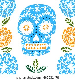 Day of the Dead Sugar Skull  Vector card. Colorful skull print, Mexican day of the dead. 