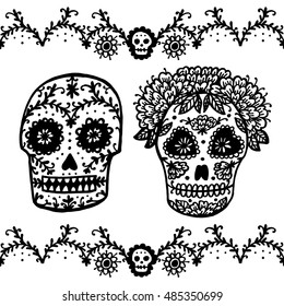 Day of the Dead Sugar Skull Vector card. Colorful skull print, Mexican day of the dead. 