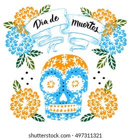 Day of the Dead Sugar Skull Vector card. Colorful skull print, Mexican day of the dead. Vintage ribbon banner emblem.
