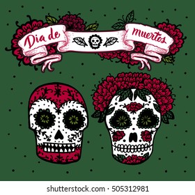 Day of the Dead Sugar Skull Vector card. Colorful skull print, Mexican day of the dead. Vintage ribbon banner emblem.